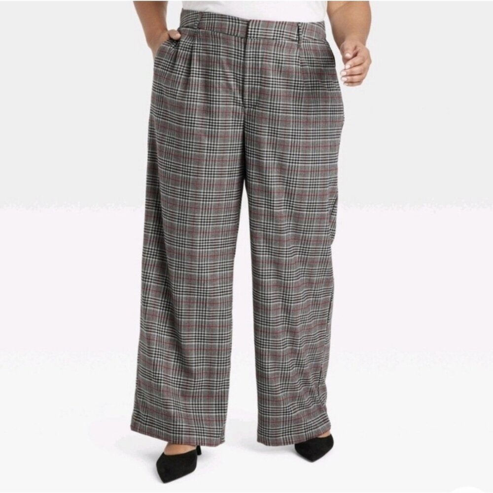 NWT AVA & VIV Gray Plaid High Rise Wide Leg Trousers Pants Size 18